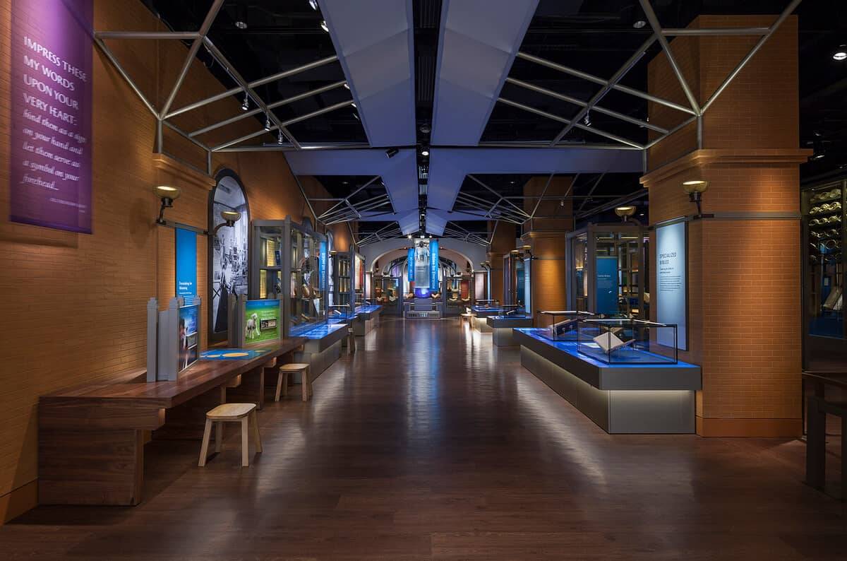 Gallery at the Museum of the Bible in Washington DC with custom rock-finish plaster walls and columns