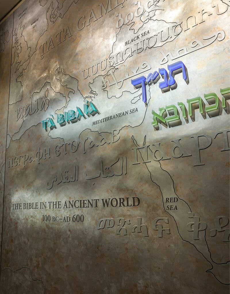 Handcrafted stencilled feature wall at The Bible Museum