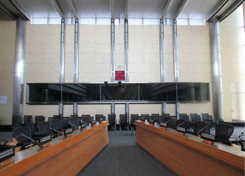 The World Bank headquarters board room, its columns and walls in burnished plaster