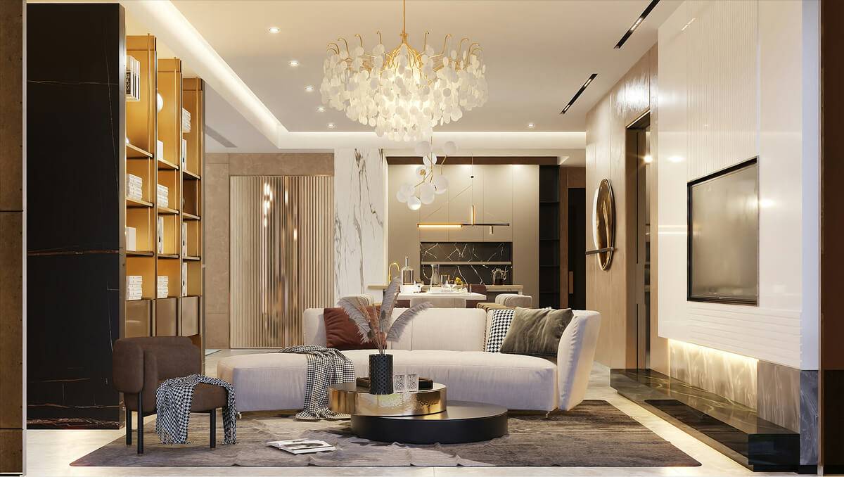 Residential living room with hand-applied plaster walls, a marble kitchen island and a sculptural chandelier