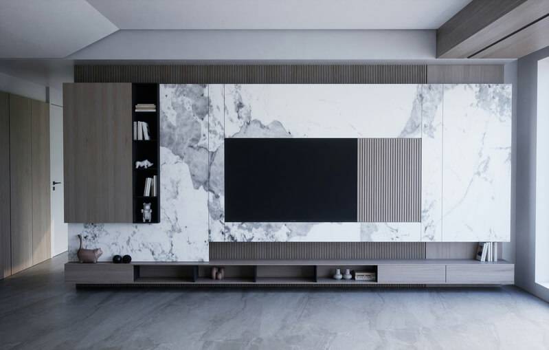 Home theatre wall in marble and timber with a seamless acoustic plaster ceiling
