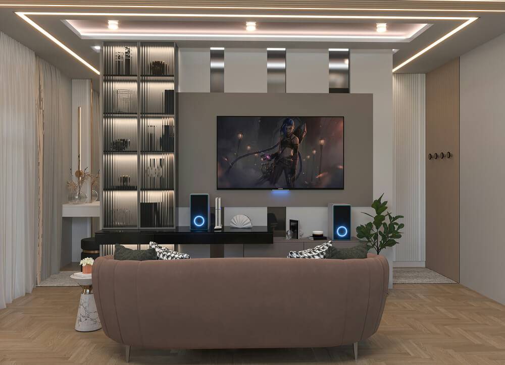 Living room with a plaster feature wall behind a wall-mounted screen and integrated joinery