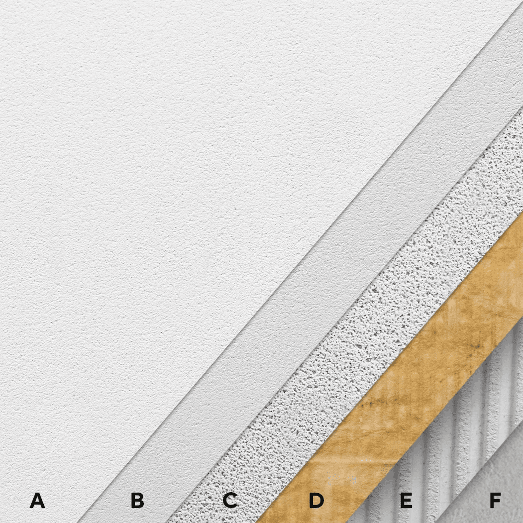Cut-away of the acoustic build-up, lettered A to F from the plaster topcoat down to the substrate
